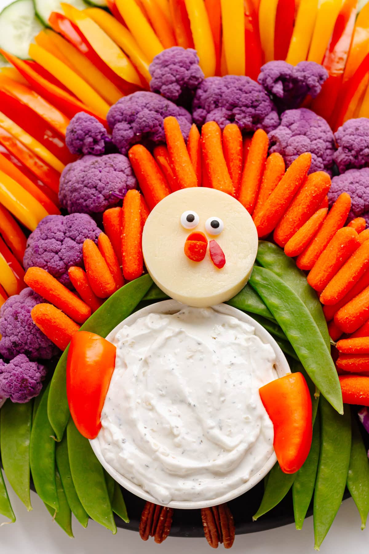 Closeup of a Thanksgiving turkey veggie tray.