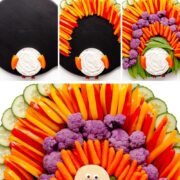 Pinterest collage graphic showing how to make a Thanksgiving turkey veggie tray.