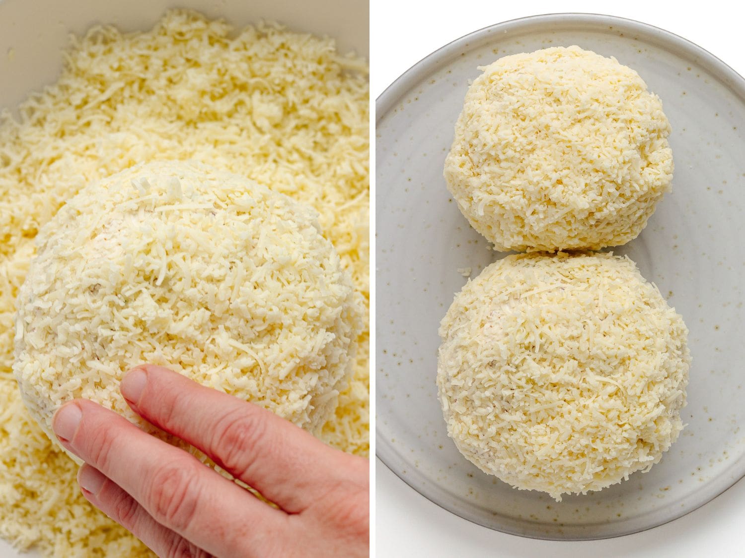 Collage showing the snowman cheese ball body being assembled.