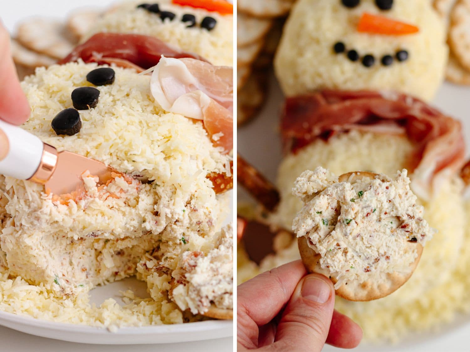 Collage showing snowman cheese ball being sliced into and spread on a cracker.