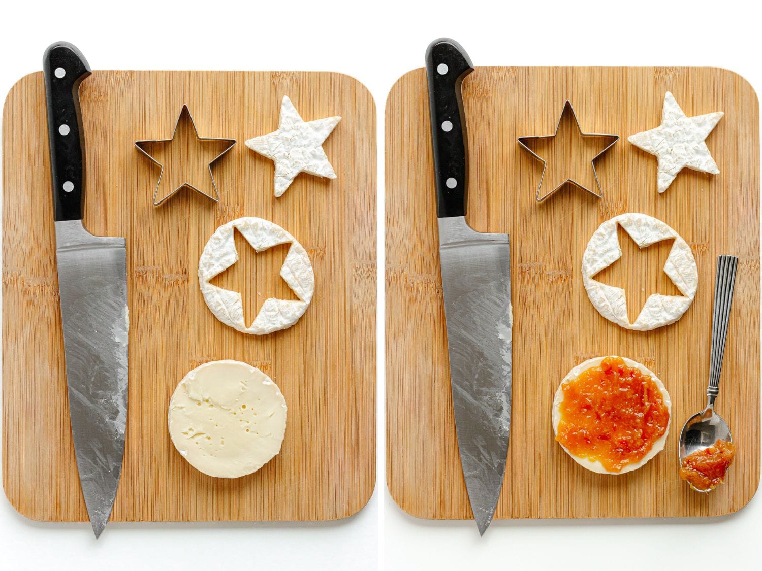 Photo collage showing a star topper for a charcuterie board being made from brie.