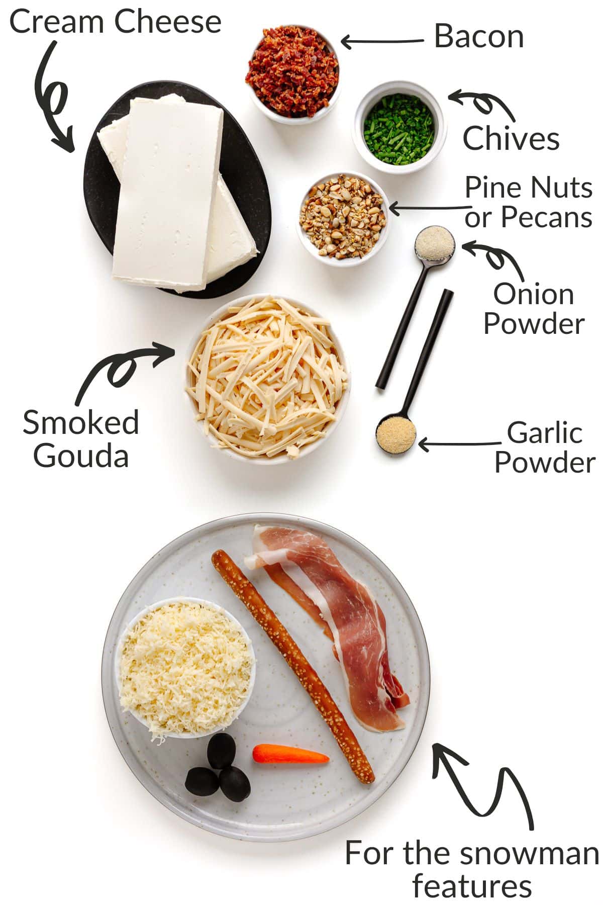 Labelled photo of ingredients needed to make a snowman cheese ball.