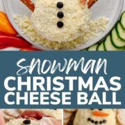 Pinterest collage graphic for a snowman Christmas cheese ball.