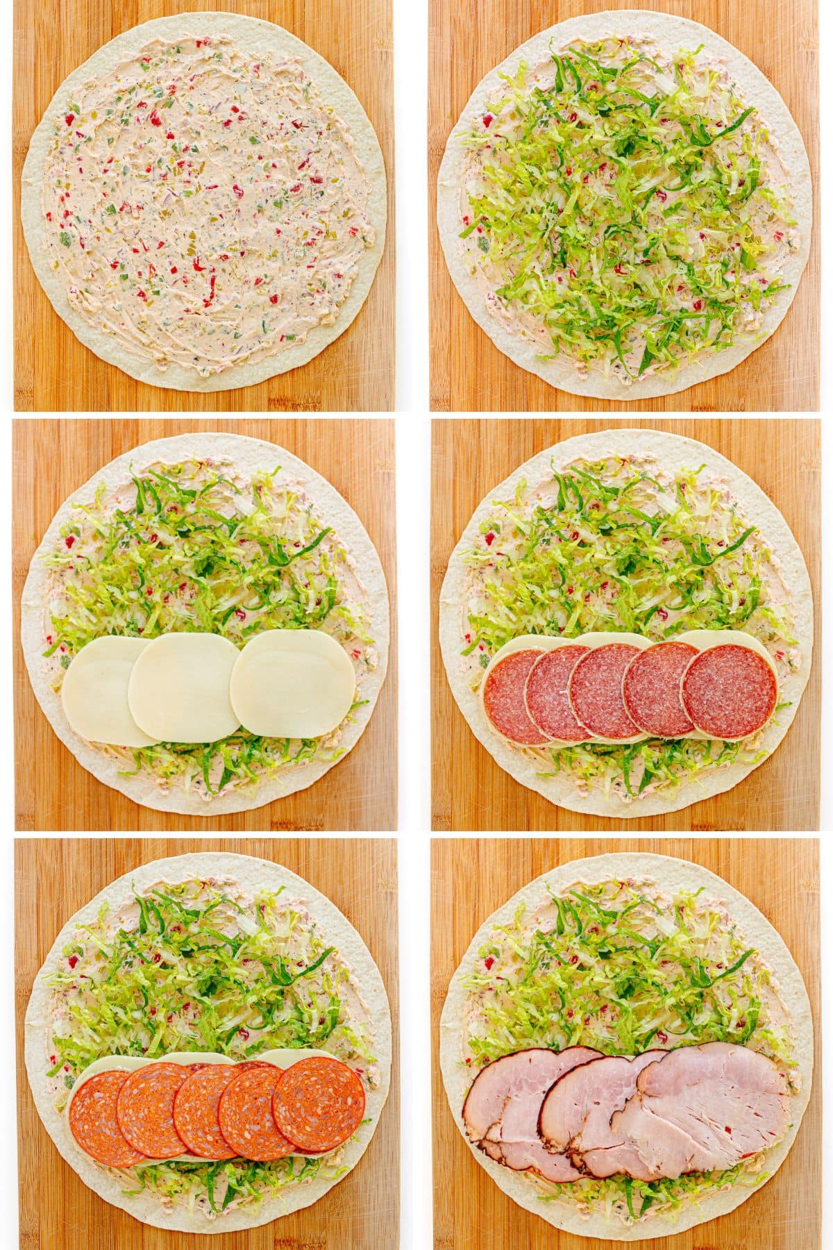Photo collage showing Italian pinwheel sandwiches being assembled.