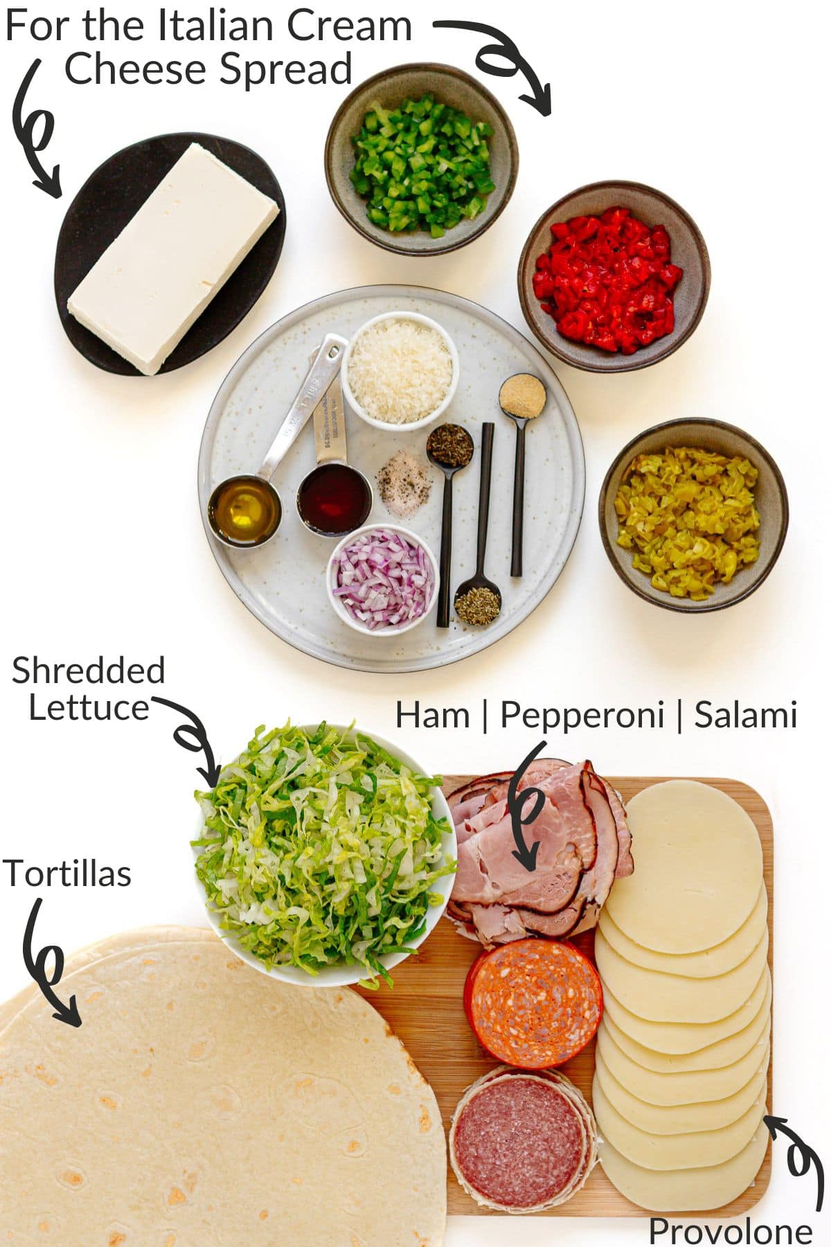Labelled photo of ingredients needed to make Italian pinwheels.