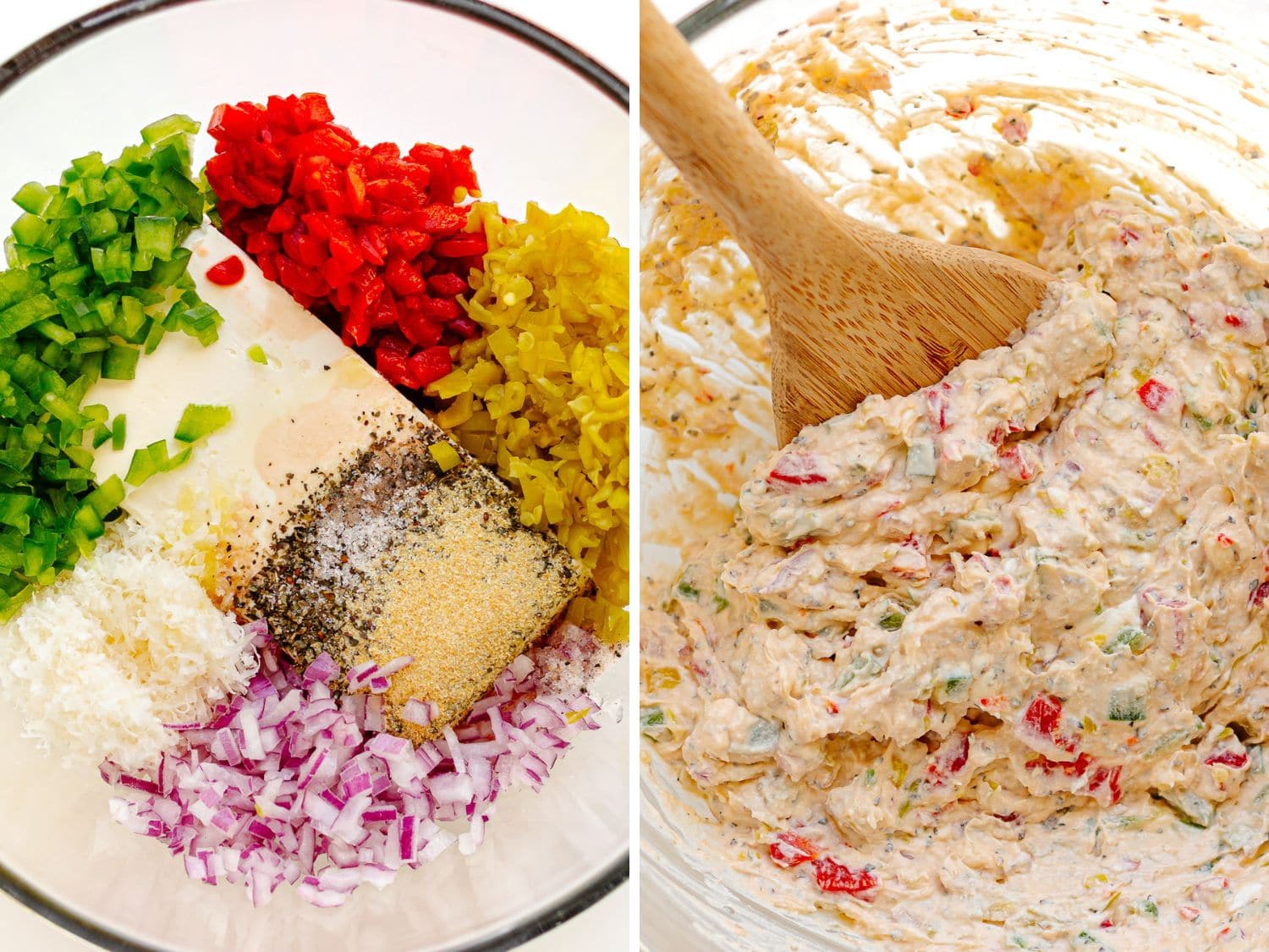 Photo collage showing Italian style cream cheese spread being made for pinwheel sandwiches.