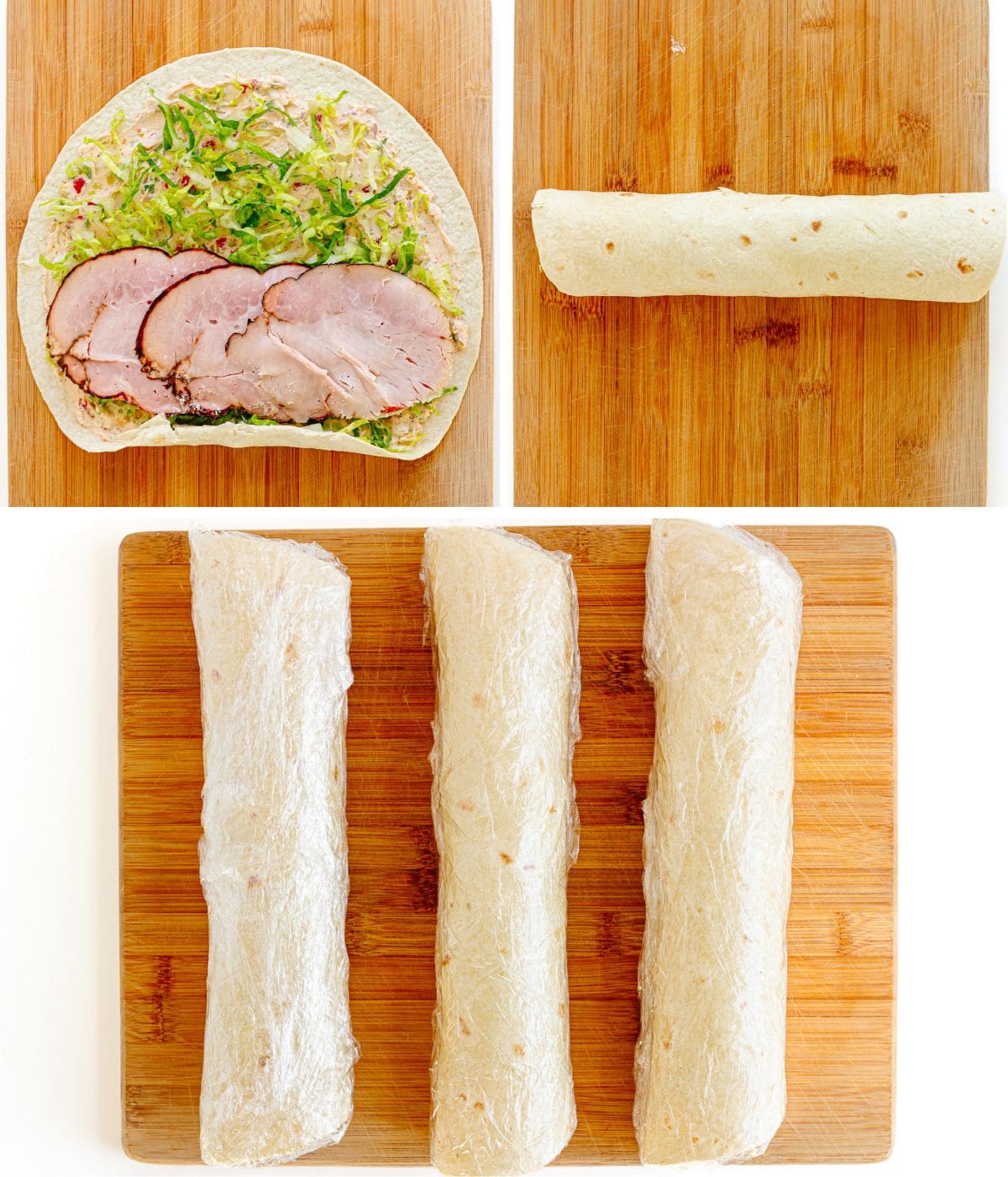 Photo collage showing Italian pinwheels being rolled up and wrapped for the fridge.