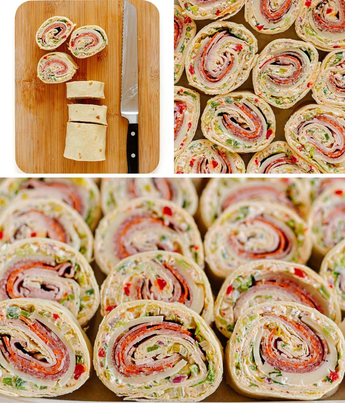 Photo collage showing Italian pinwheels being sliced and arranged for serving.