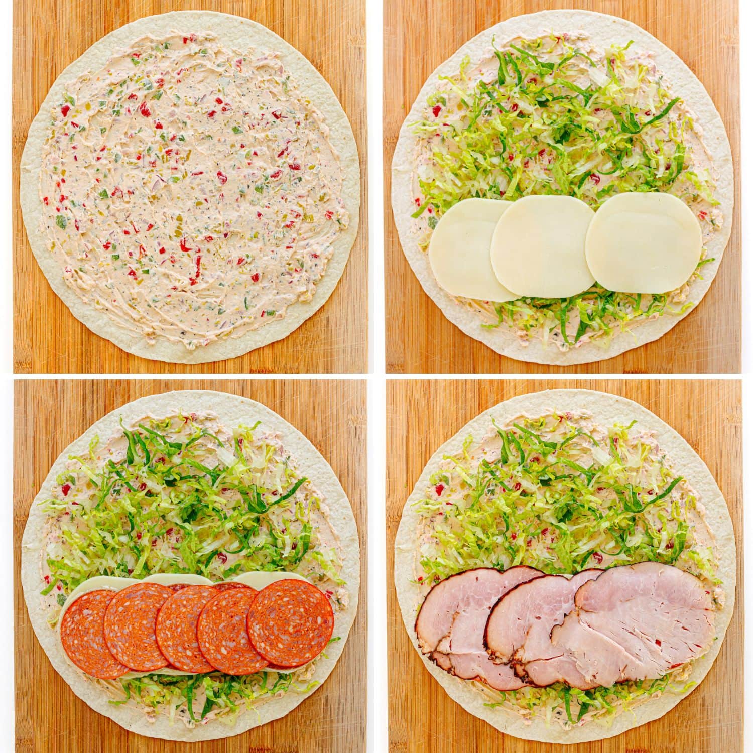 Photo collage showing toppings being added to a pinwheel sandwich.