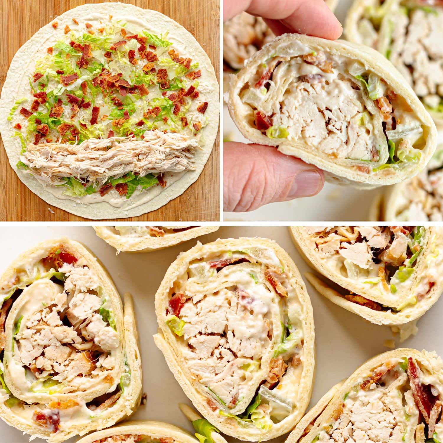 Photo collage of chicken caesar pinwheels being made.