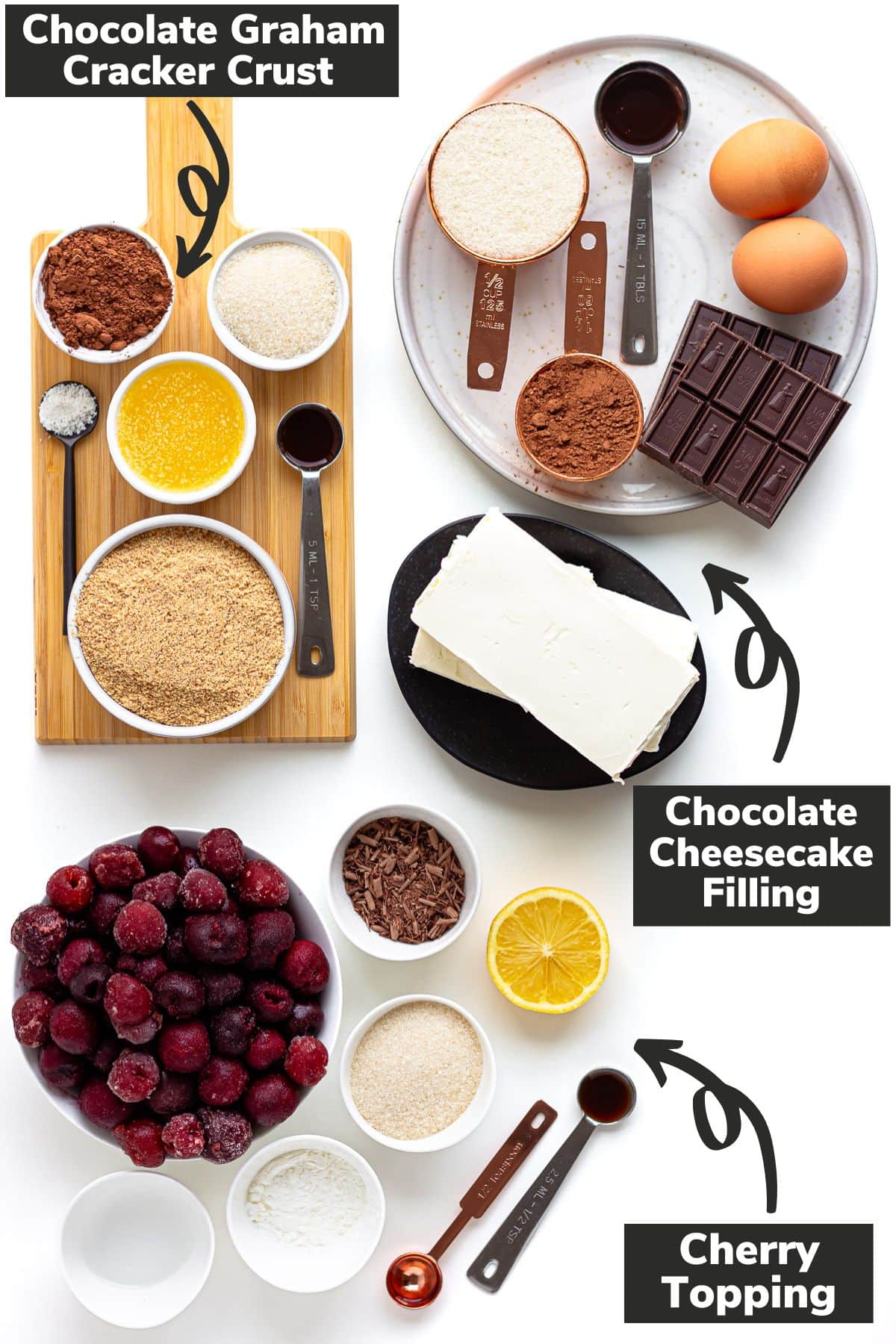 Labelled photo of ingredients for chocolate cherry cheesecake bars.