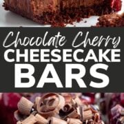 Pinterest photo collage graphic for chocolate cherry cheesecake bars recipe.