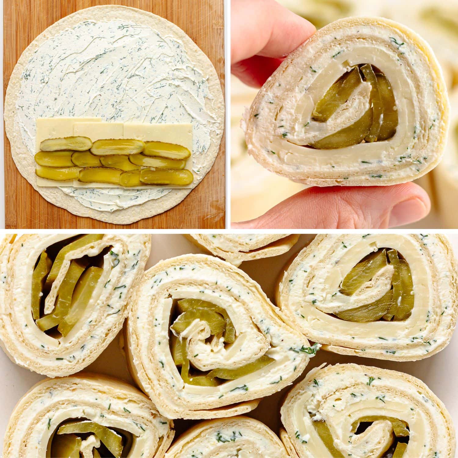 Photo collage showing dill pickle pinwheels being made.