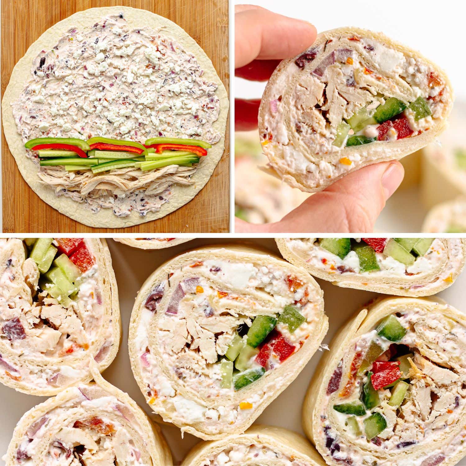 Photo collage showing how to build greek pinwheels.