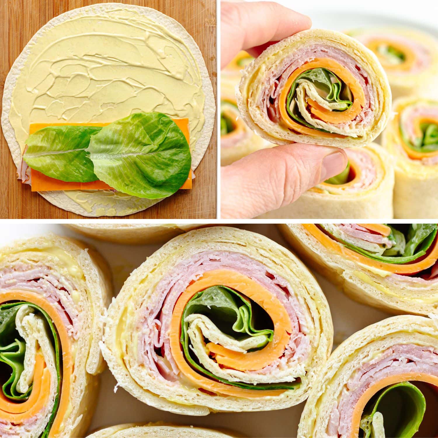 Photo collage showing ham and cheese pinwheels being made.