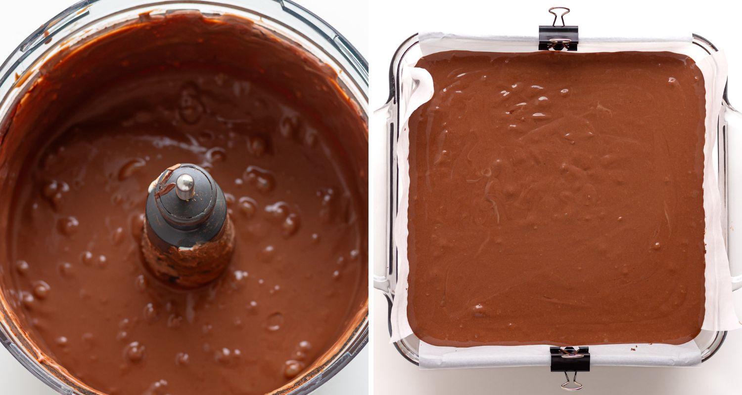 Collage showing chocolate cheesecake filling being mixed in food processor and in prepped baking dish.