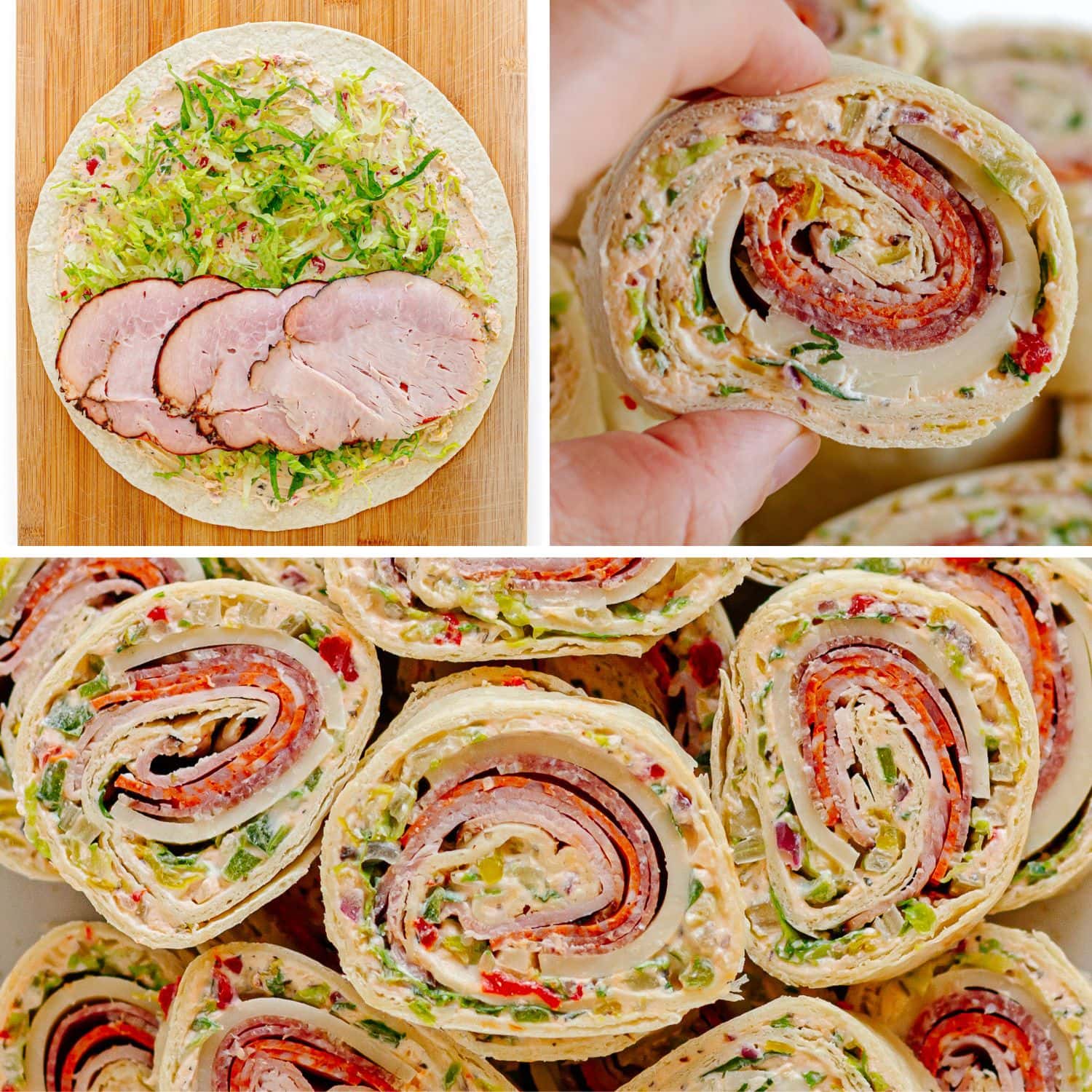 Photo collage showing Italian pinwheels being made.