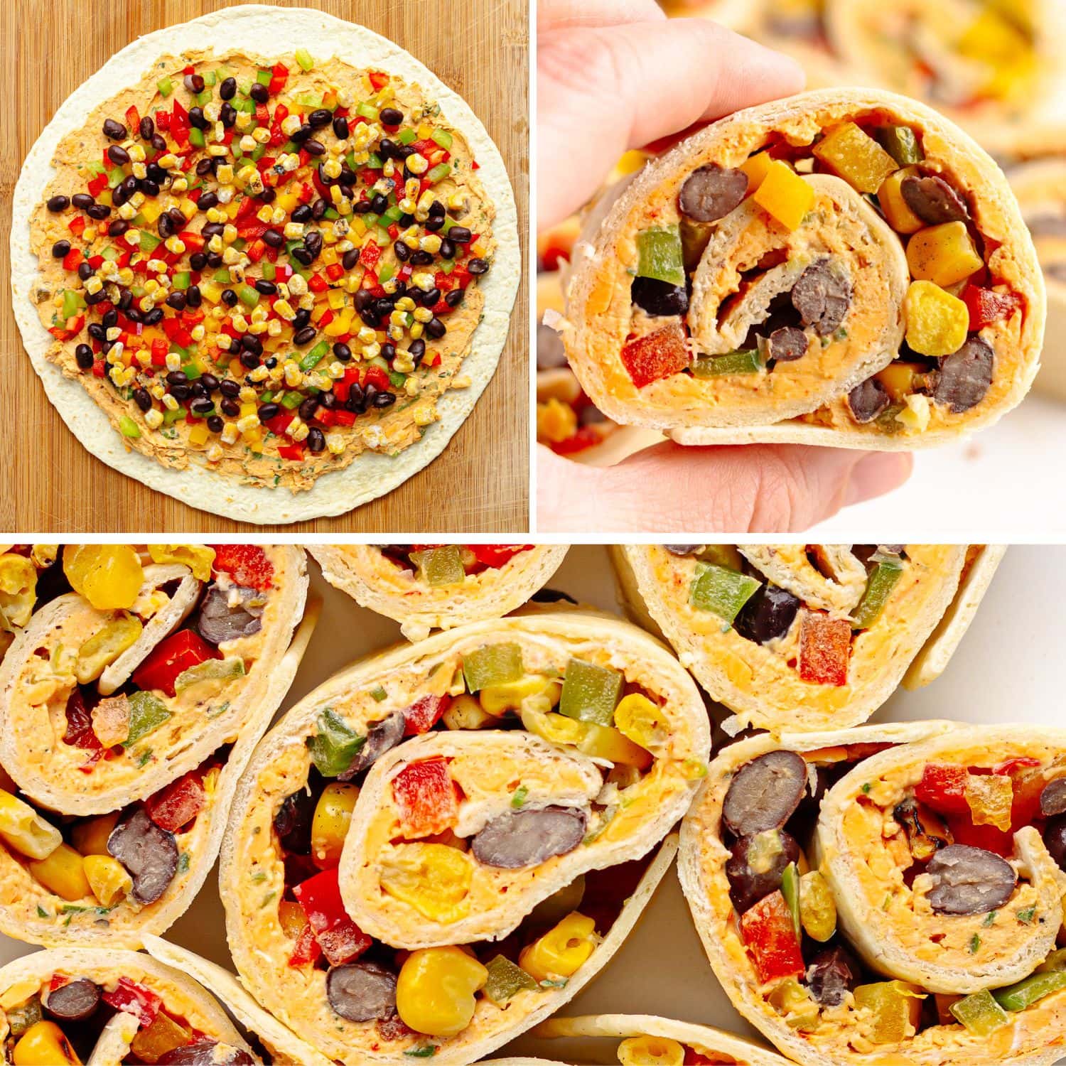 Photo collage showing Mexican pinwheels being made.