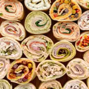 Closeup of a variety of different kinds of pinwheel sandwiches.