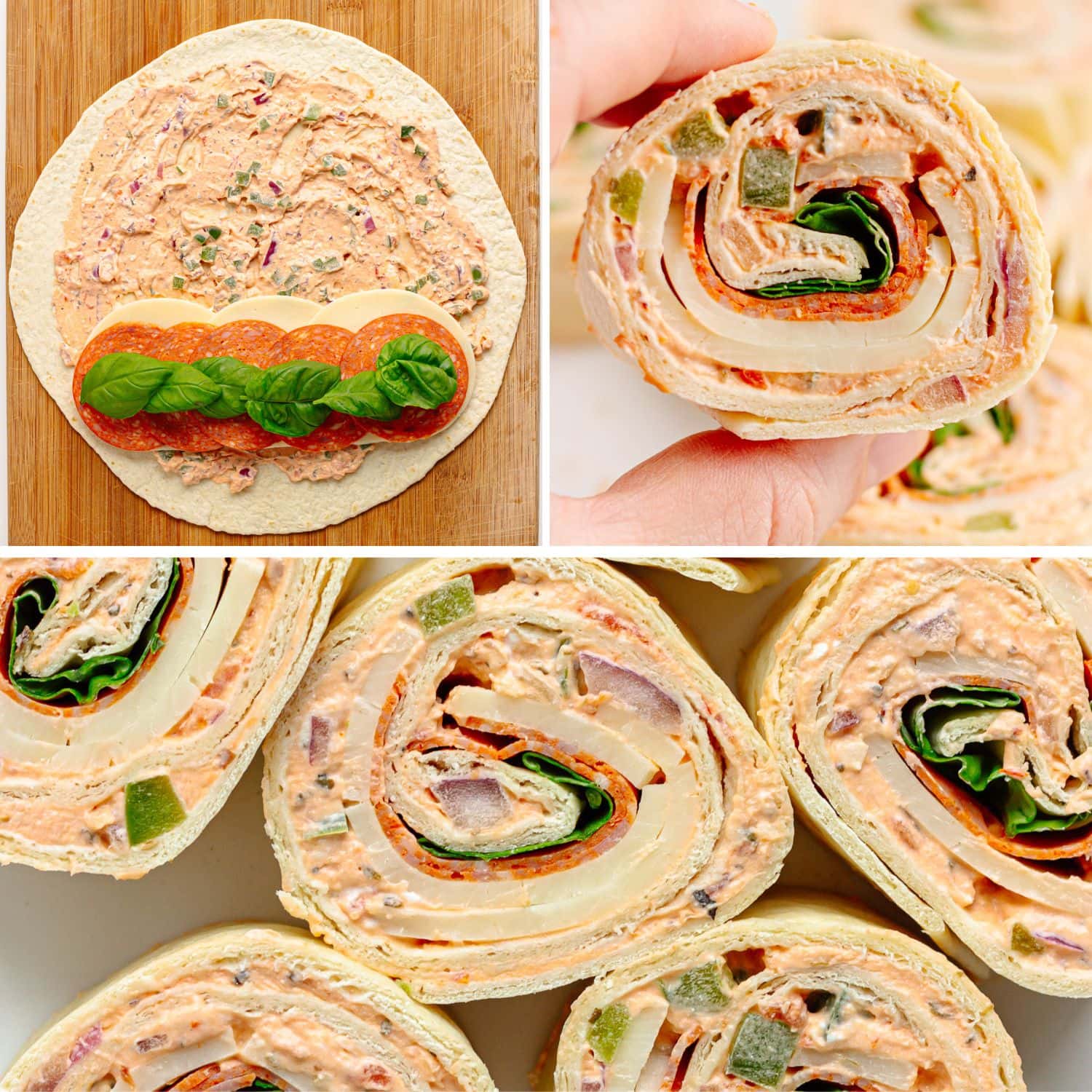 Photo collage showing pizza pinwheels being assembled.