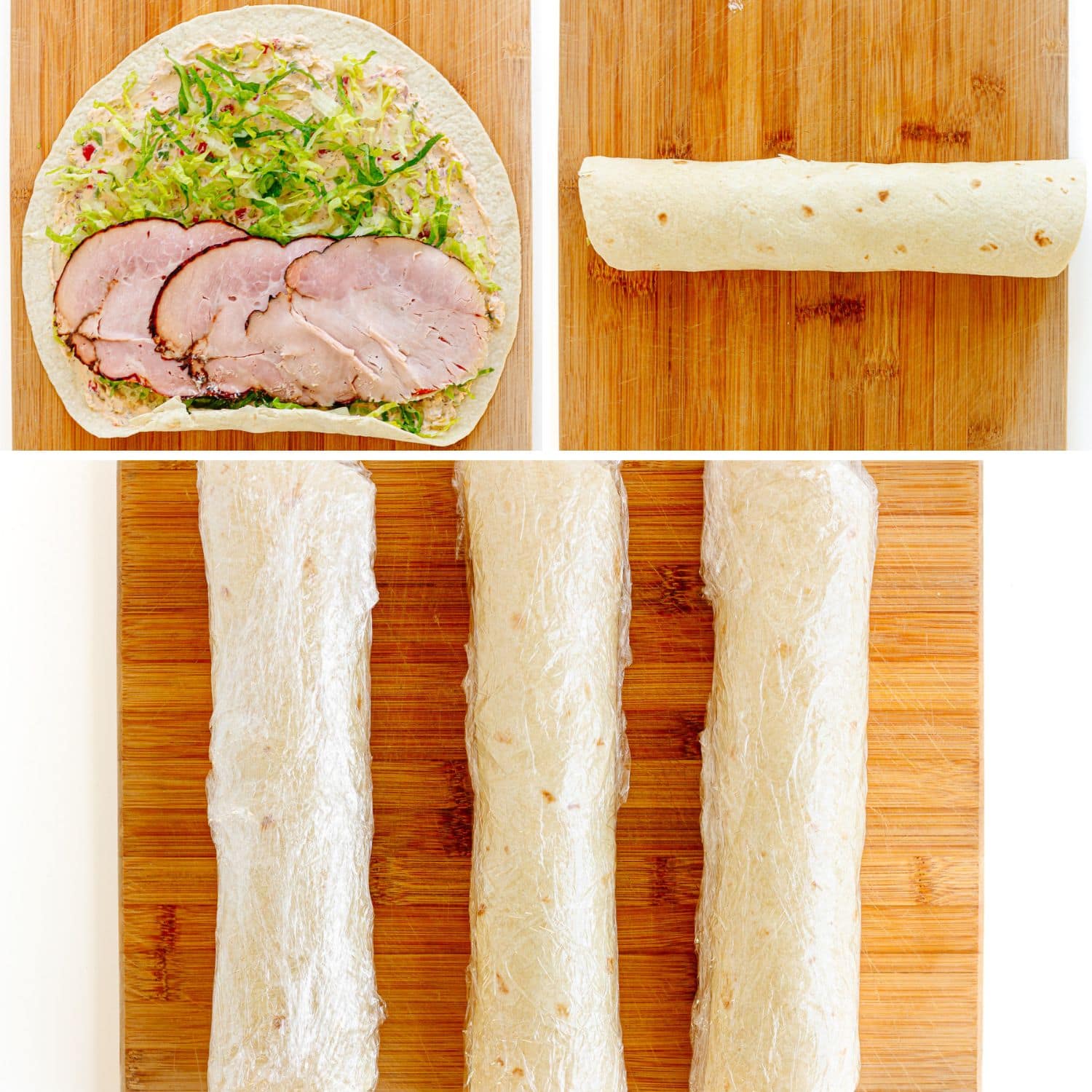 Photo collage showing pinwheel sandwich being rolled and wrapped to chill.