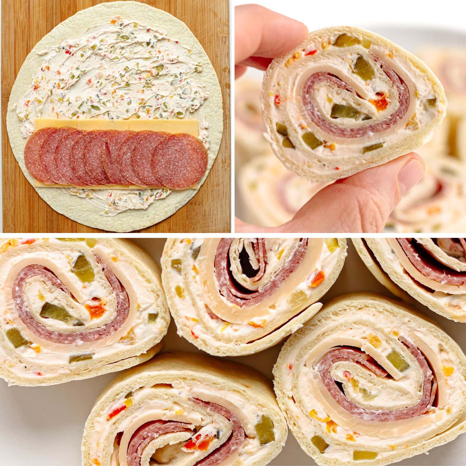 Photo collage showing salami pinwheels being made.