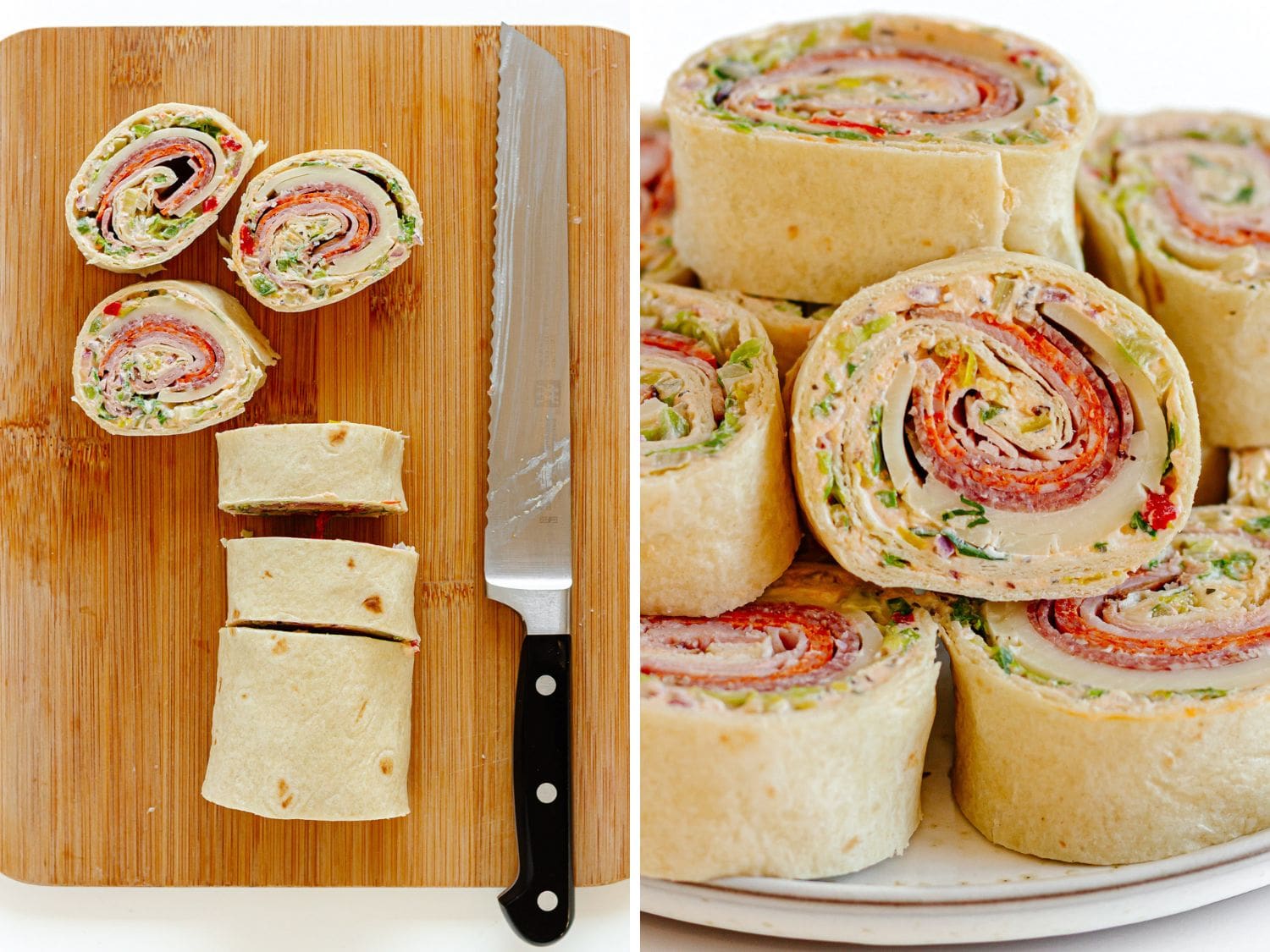Photo collage showing pinwheel sandwich being sliced and served on a platter.