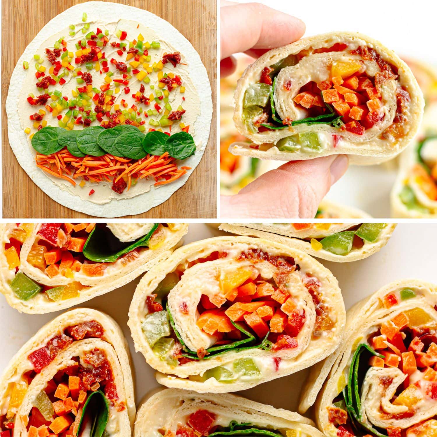 Photo collage showing veggie hummus pinwheels being made.
