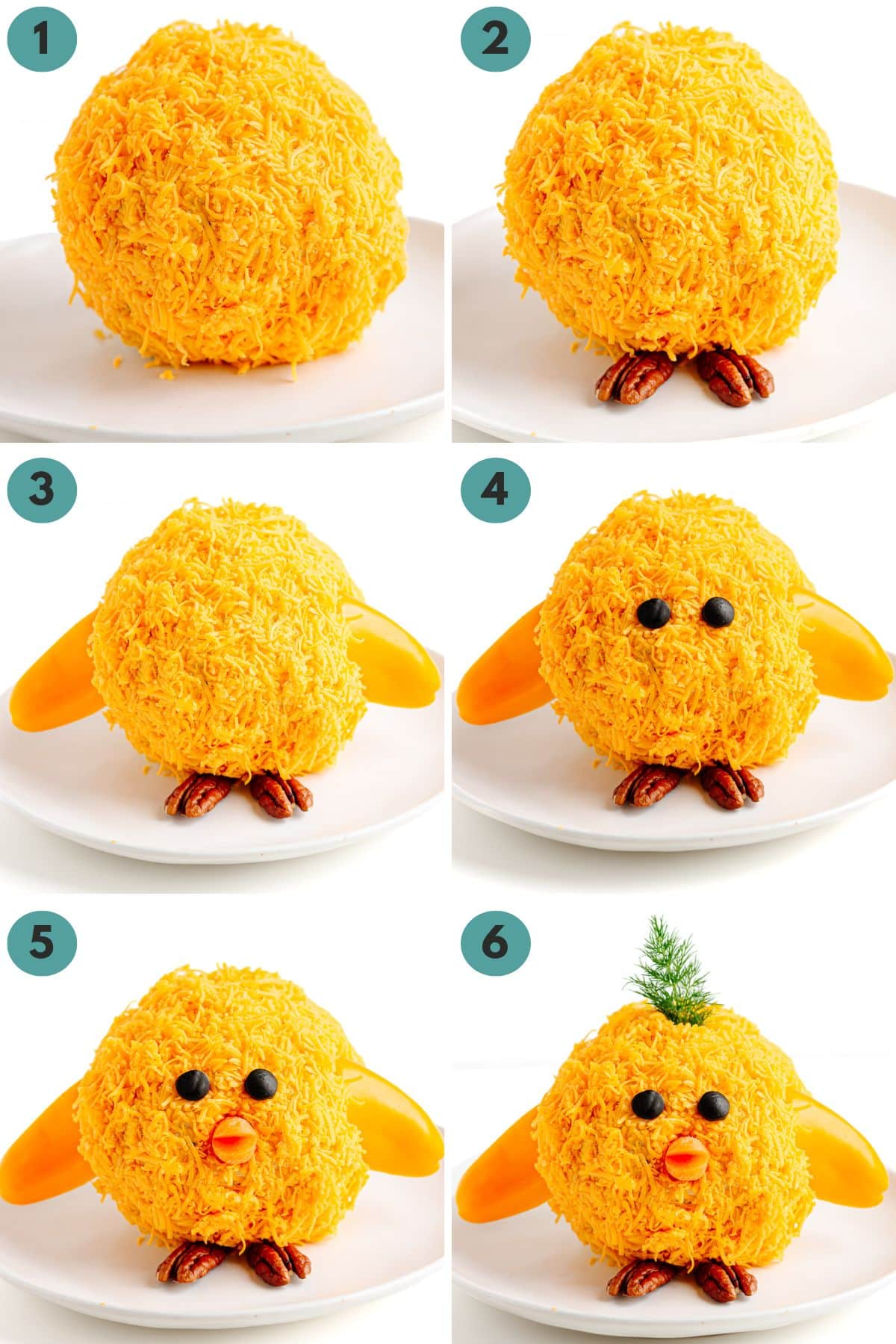 Numbered photo collage showing a baby chick cheese ball being made.