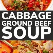 Pinterest collage graphic for cabbage ground beef soup.