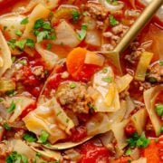 Pinterest graphic for cabbage soup with ground beef.