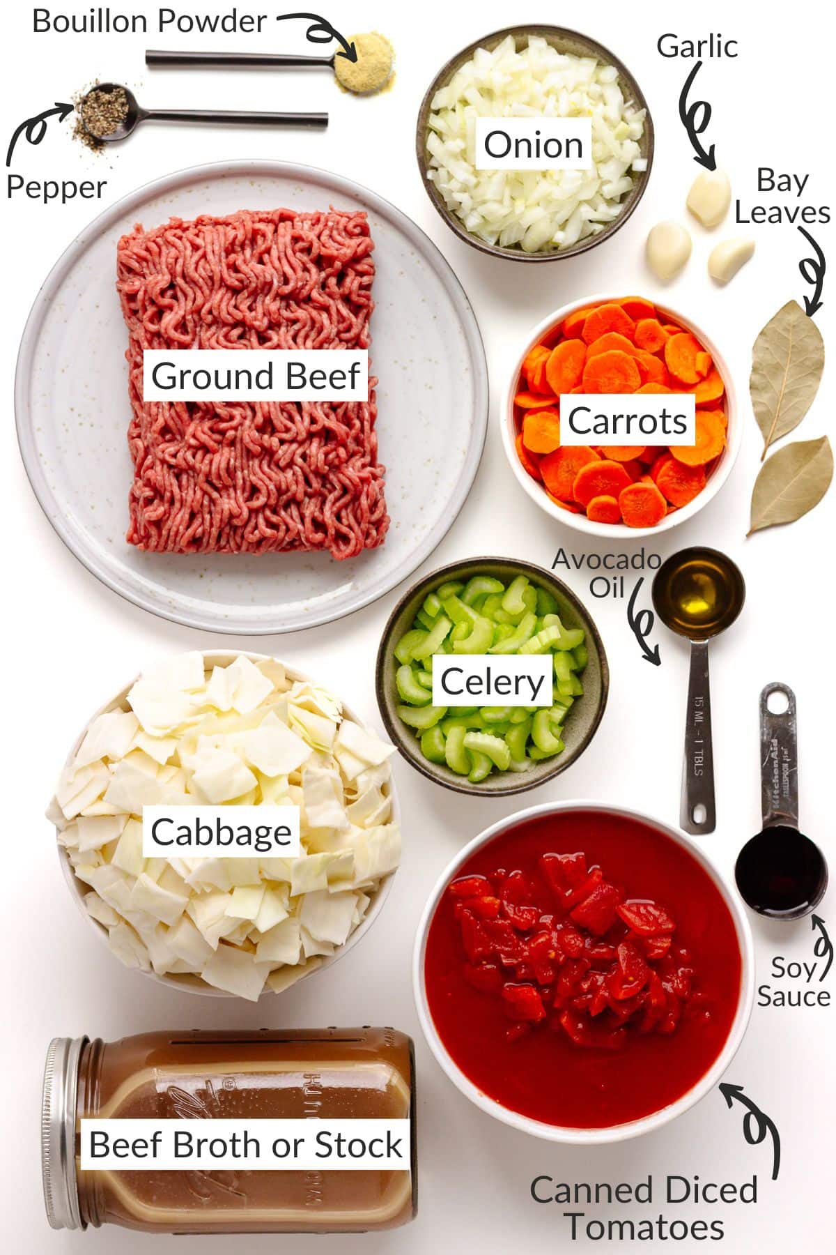 Labelled photo of ingredients to make ground beef and cabbage soup.