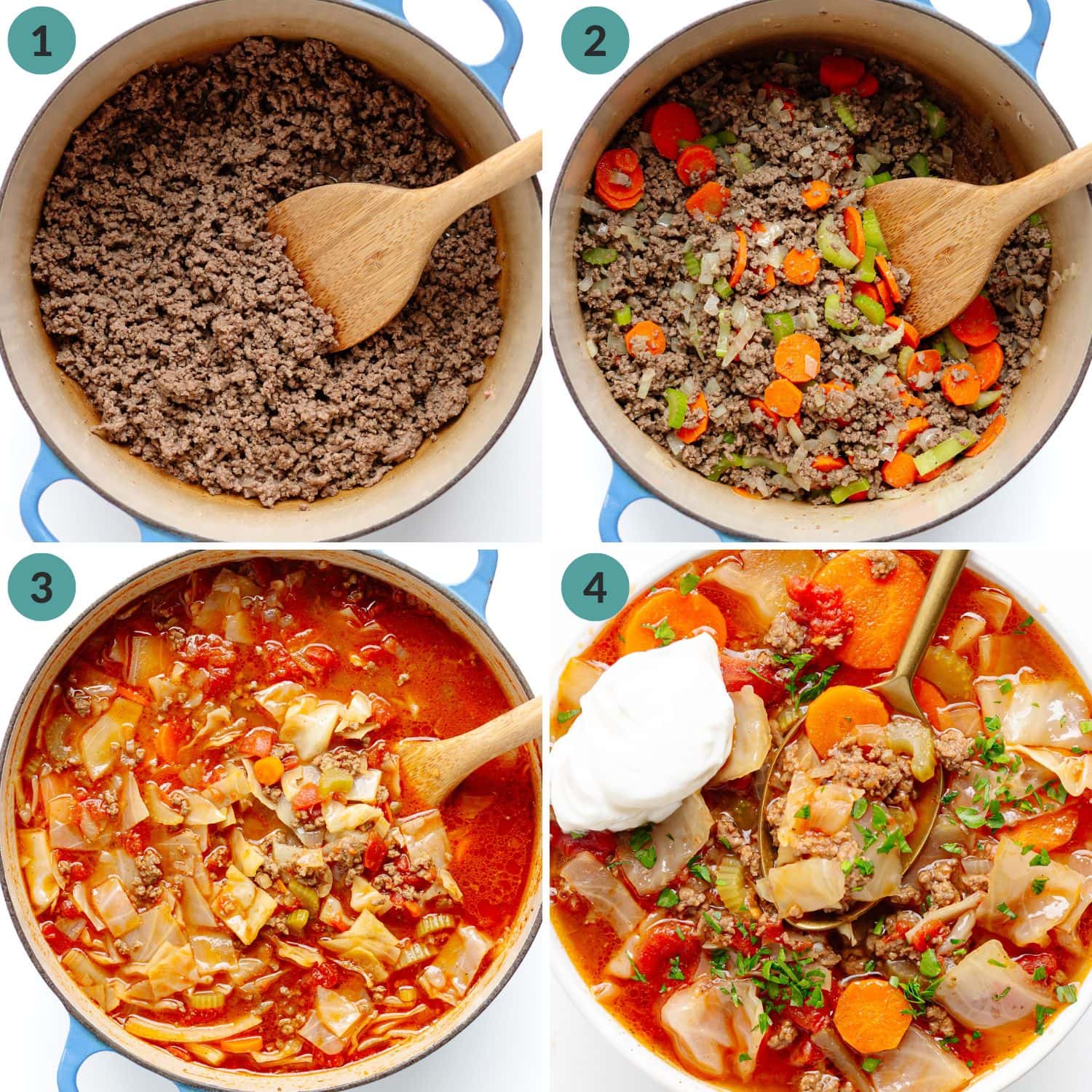 Numbered photo collage showing how to make cabbage ground beef soup in a pot on the stovetop.