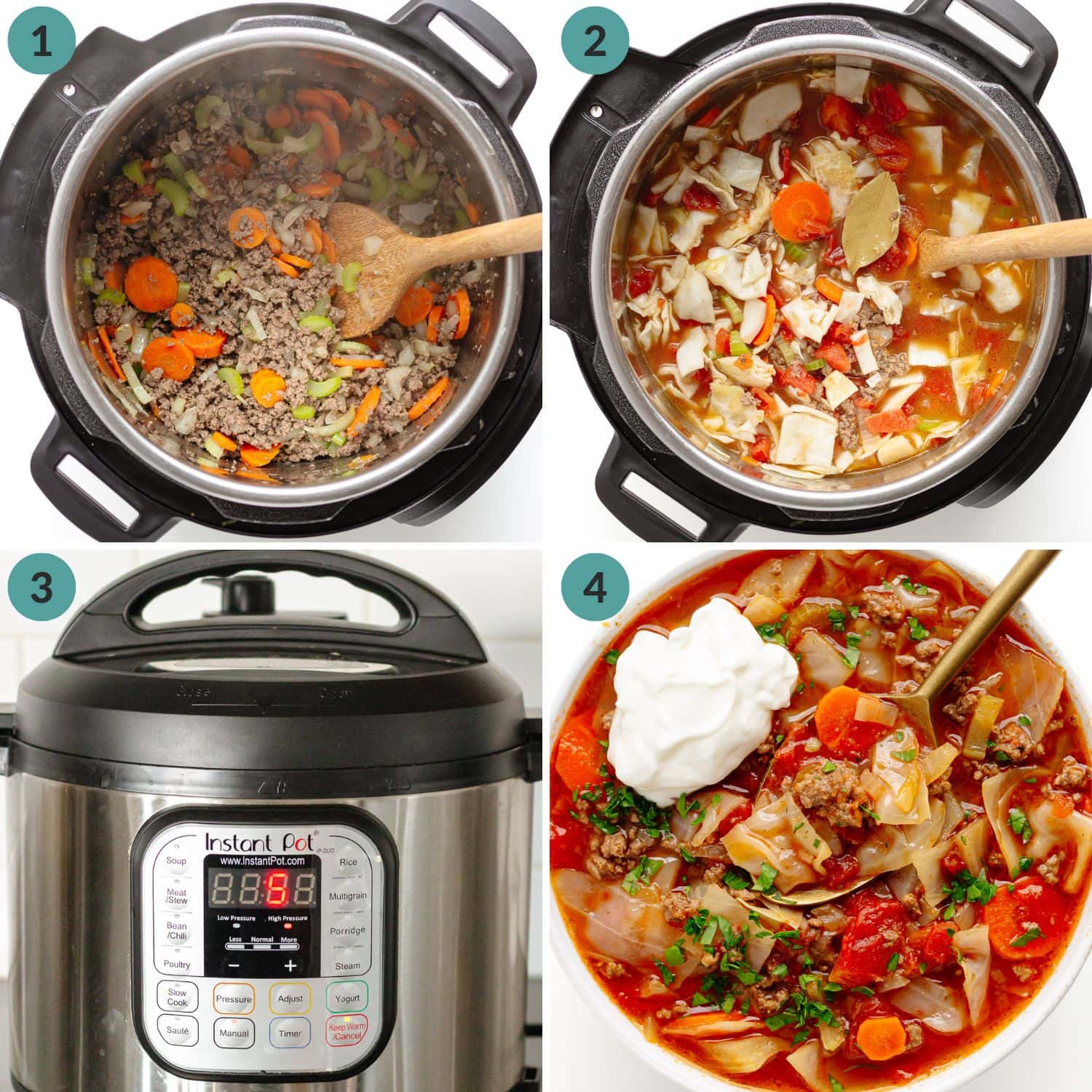 Numbered photo collage showing how to make Instant Pot cabbage ground beef soup.