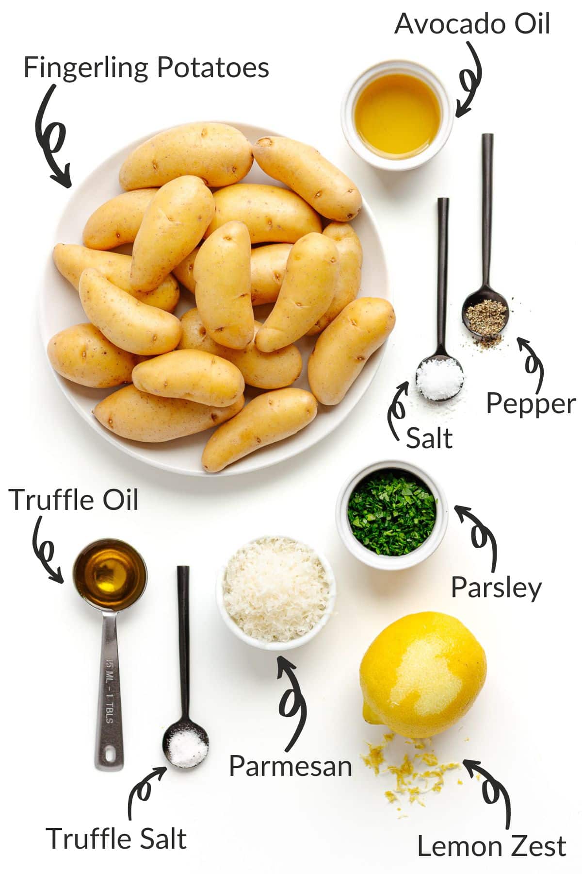 Labelled photo of ingredients for parmesan truffle roasted fingerling potatoes.