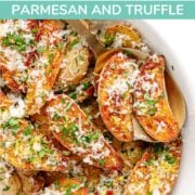 Pinterest graphic for roasted fingerling potatoes recipe with parmesan and truffle.