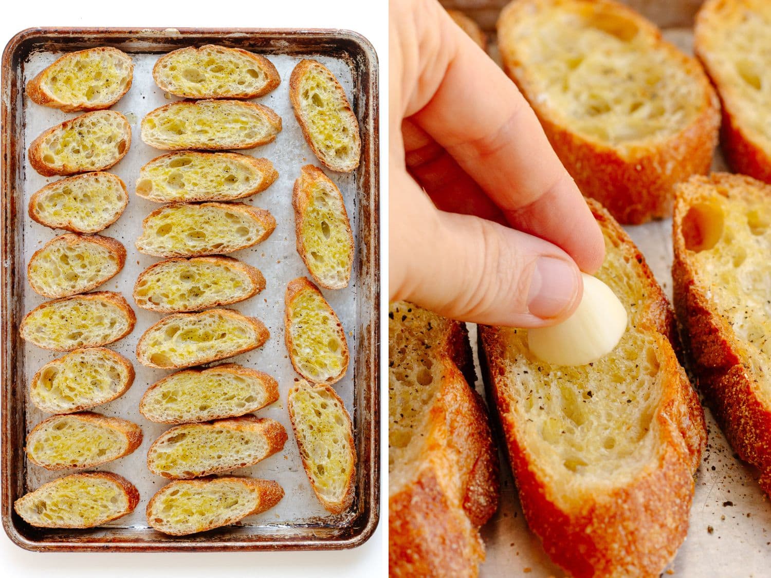 Photo collage showing garlic crostini being made.