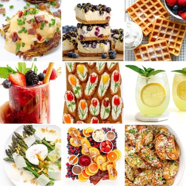 Photo collage of Mother's Day brunch recipes.