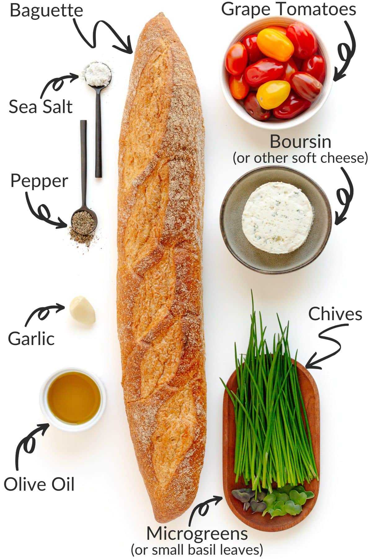 Labelled photo of ingredients needed to make spring crostini appetizer with tomato tulips.