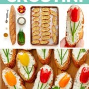 Pinterest collage graphic for tomato tulip crostini.