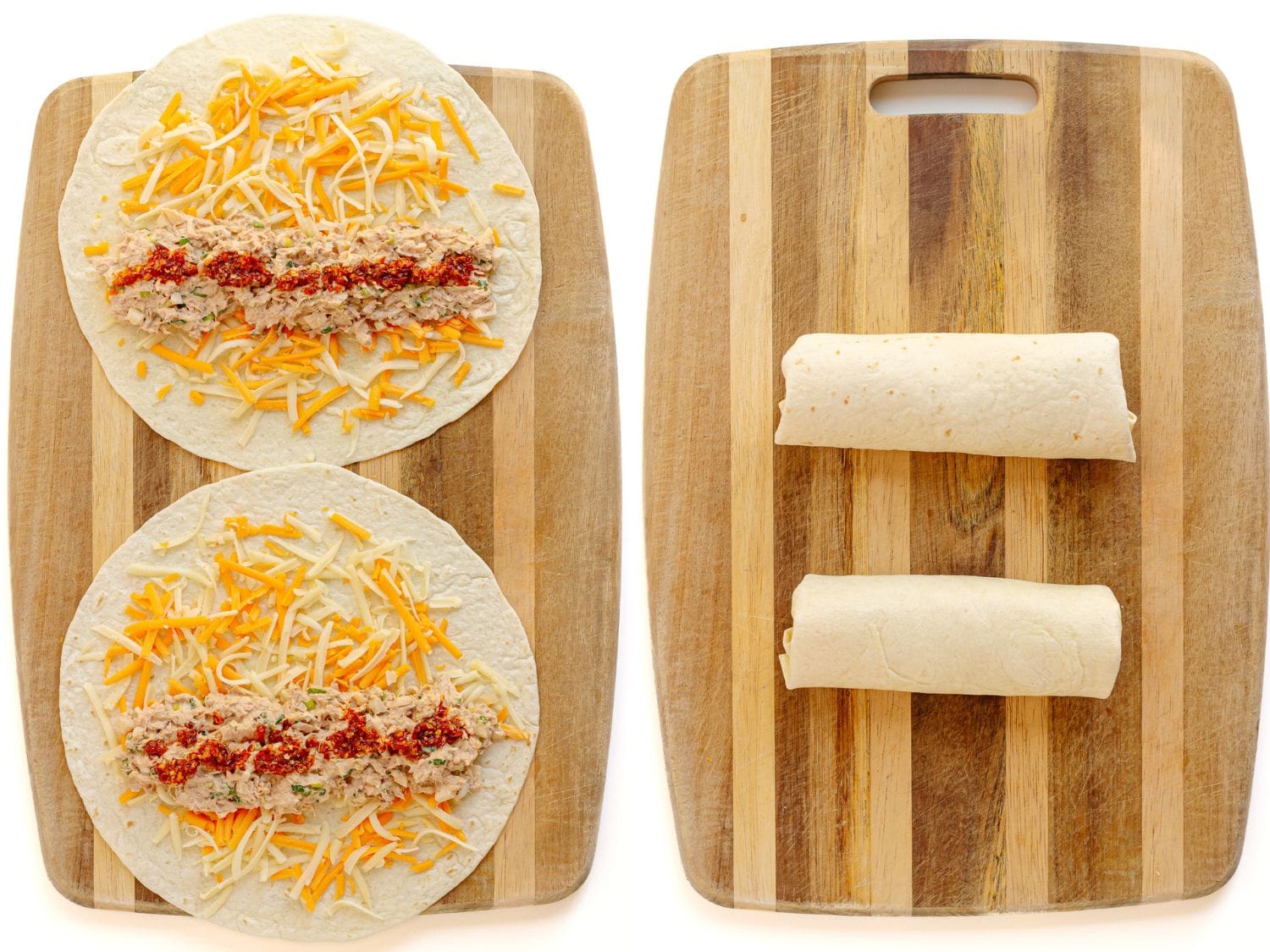 Photo collage showing spicy tuna wraps being assembled and rolled.