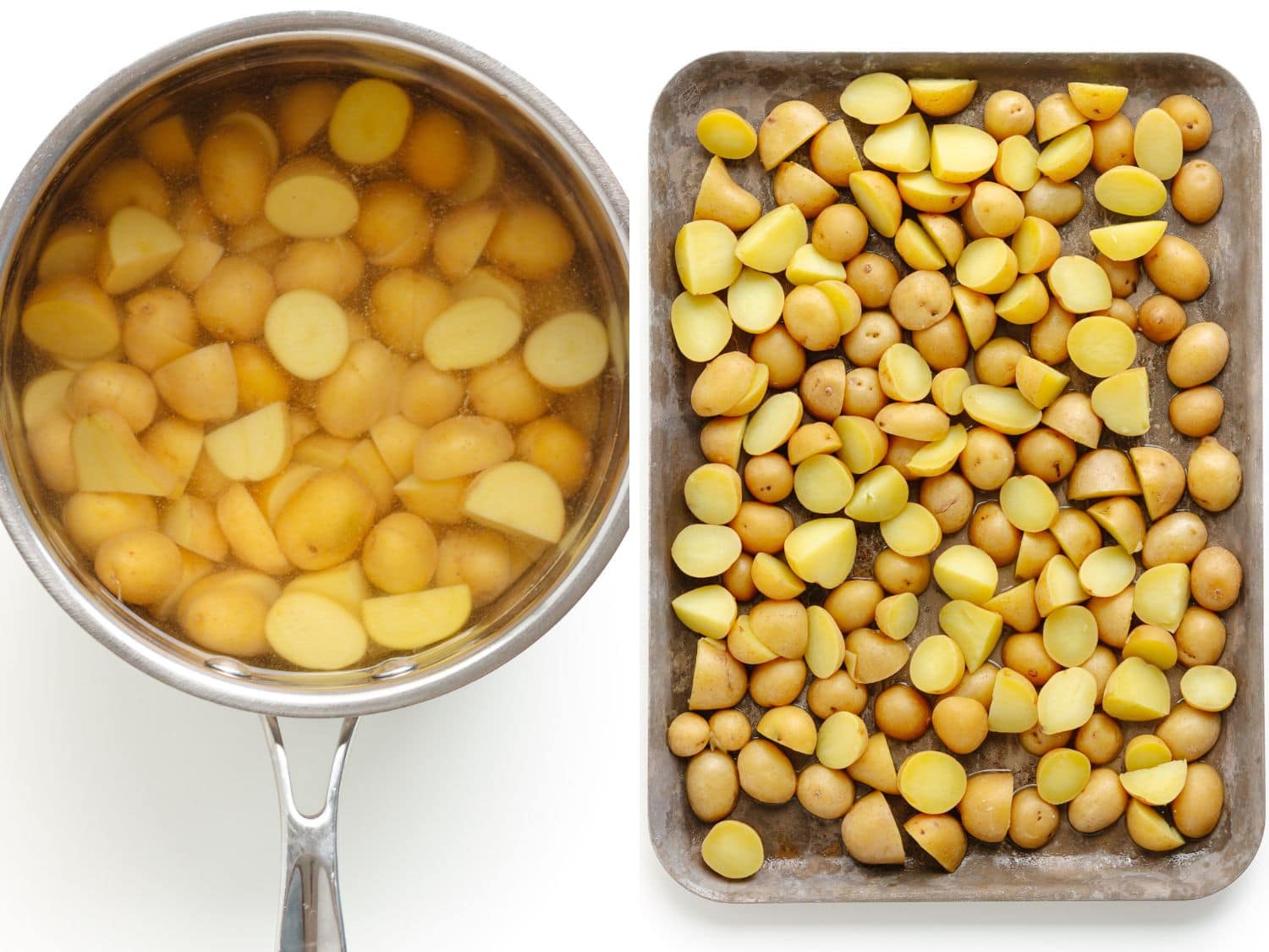 Collage showing baby potatoes being cooked and prepped for dill pickle potato salad.