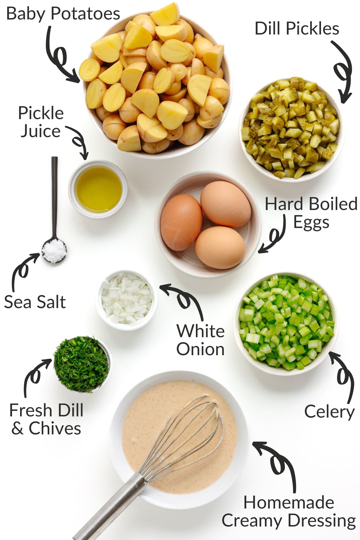Labelled photo of ingredients to make creamy dill pickle potato salad.
