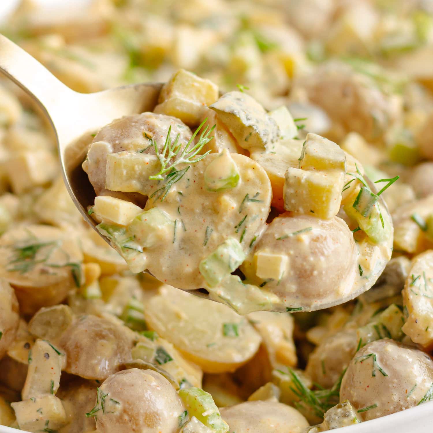 Serving spoon scooping up crunchy dill pickle potato salad.