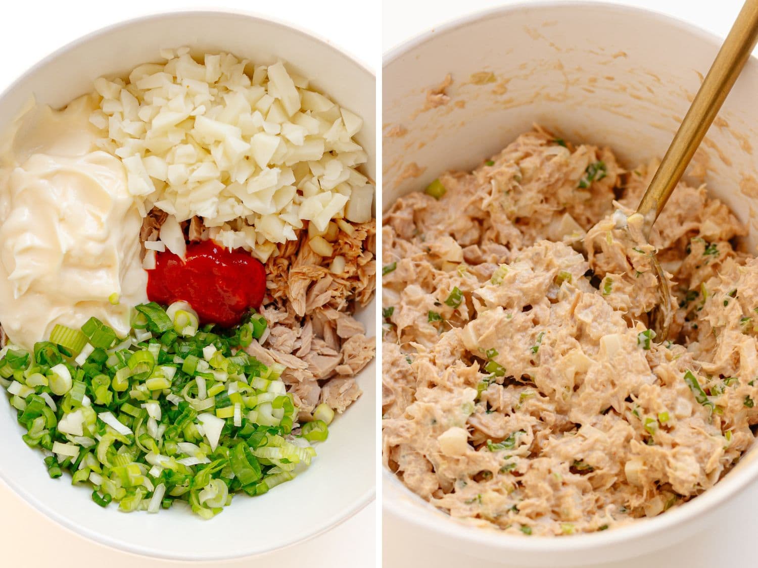 Photo collage showing spicy tuna mixture being made for tuna melt wraps.