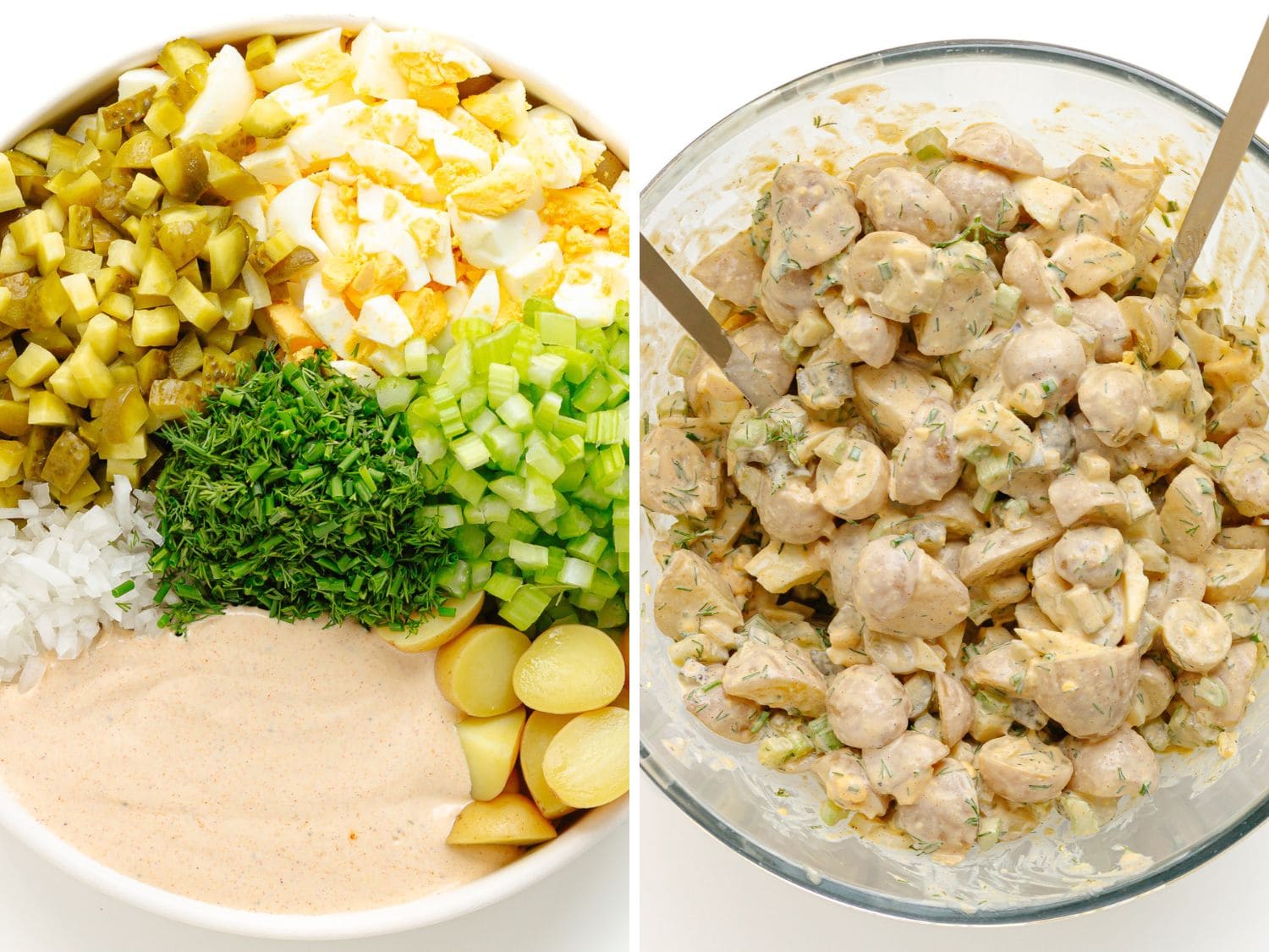 Collage of ingredients being combined and mixed together for dill pickle potato salad.