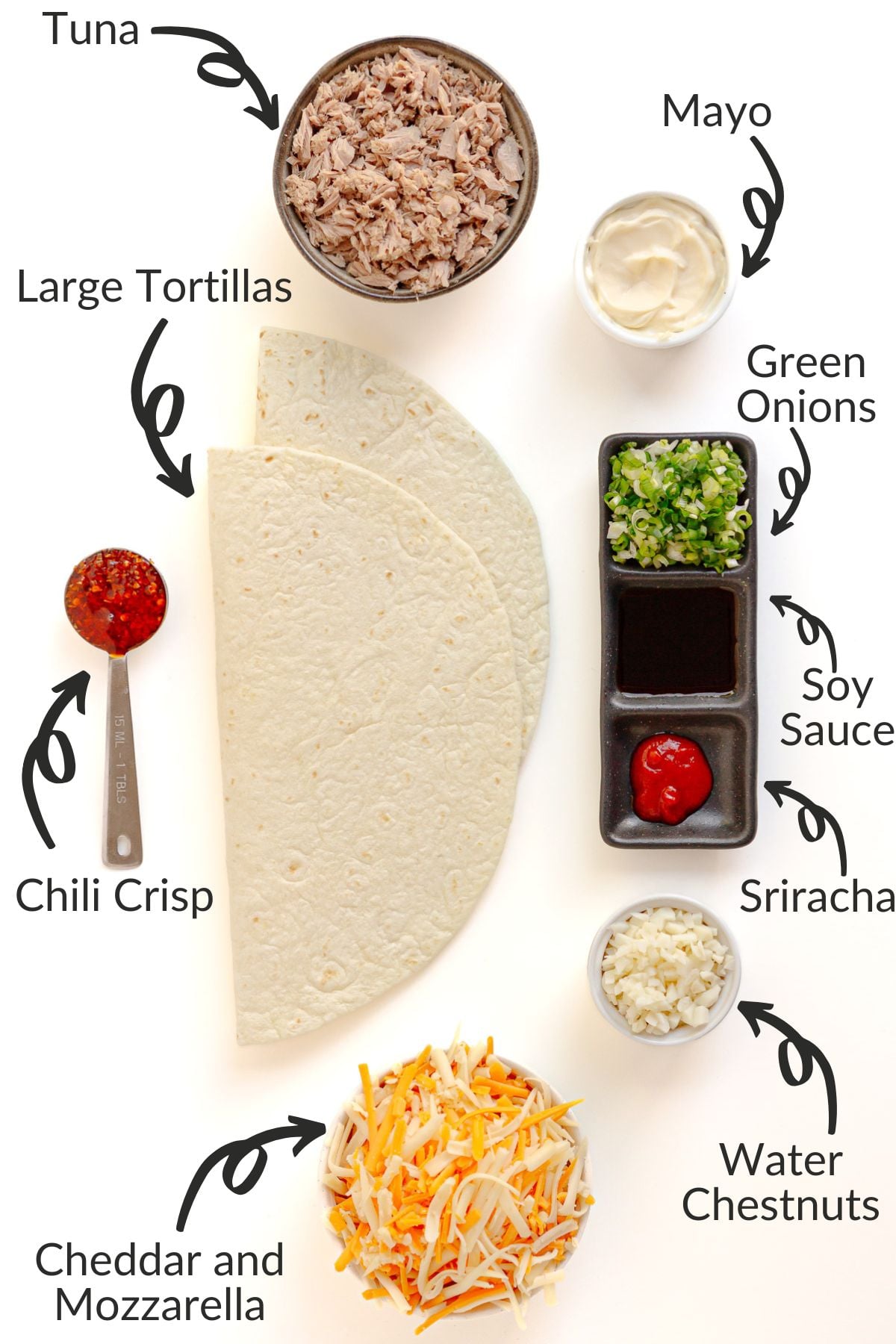 Labelled photo of ingredients to make spicy tuna melt wraps.