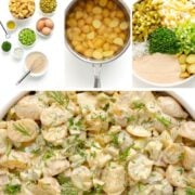 Pinterest collage graphic for the best dill pickle potato salad.