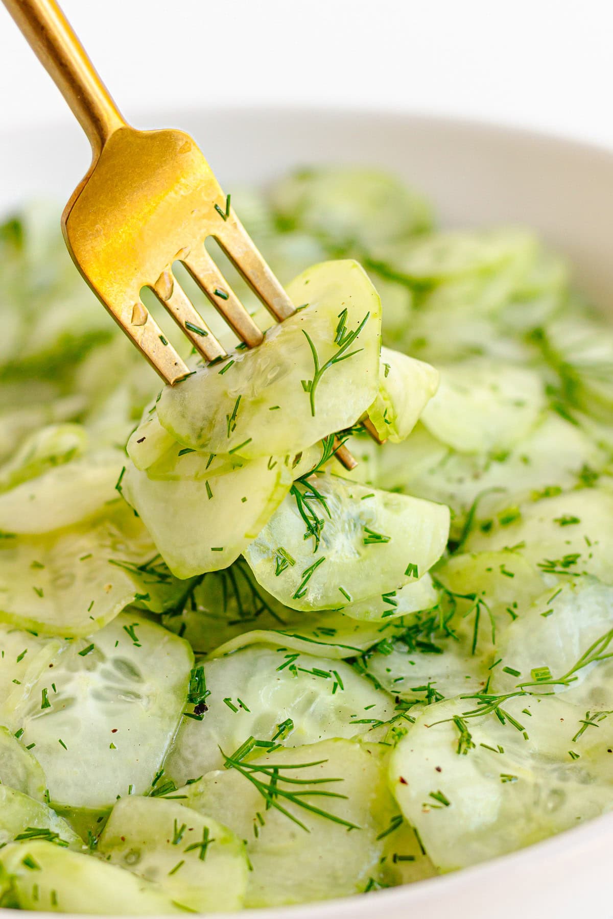 Fork picking up some cucumber dill salad from a bowl.