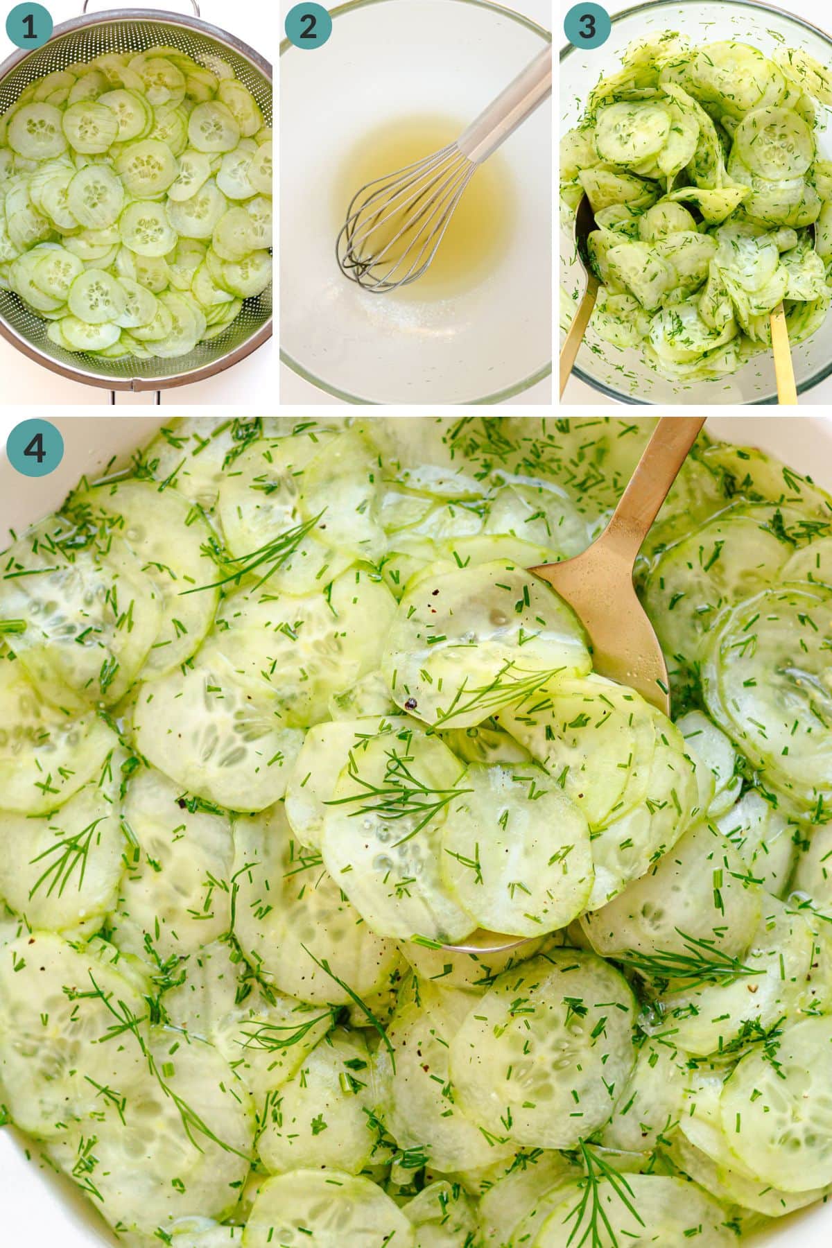 Numbered photo collage showing how to make cucumber dill salad with tangy sweet dressing.